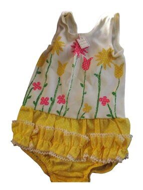 Vintage Swim Suit Toddler 2 2T Girls Floral Print Romper Yellow Ruffled New 80s
